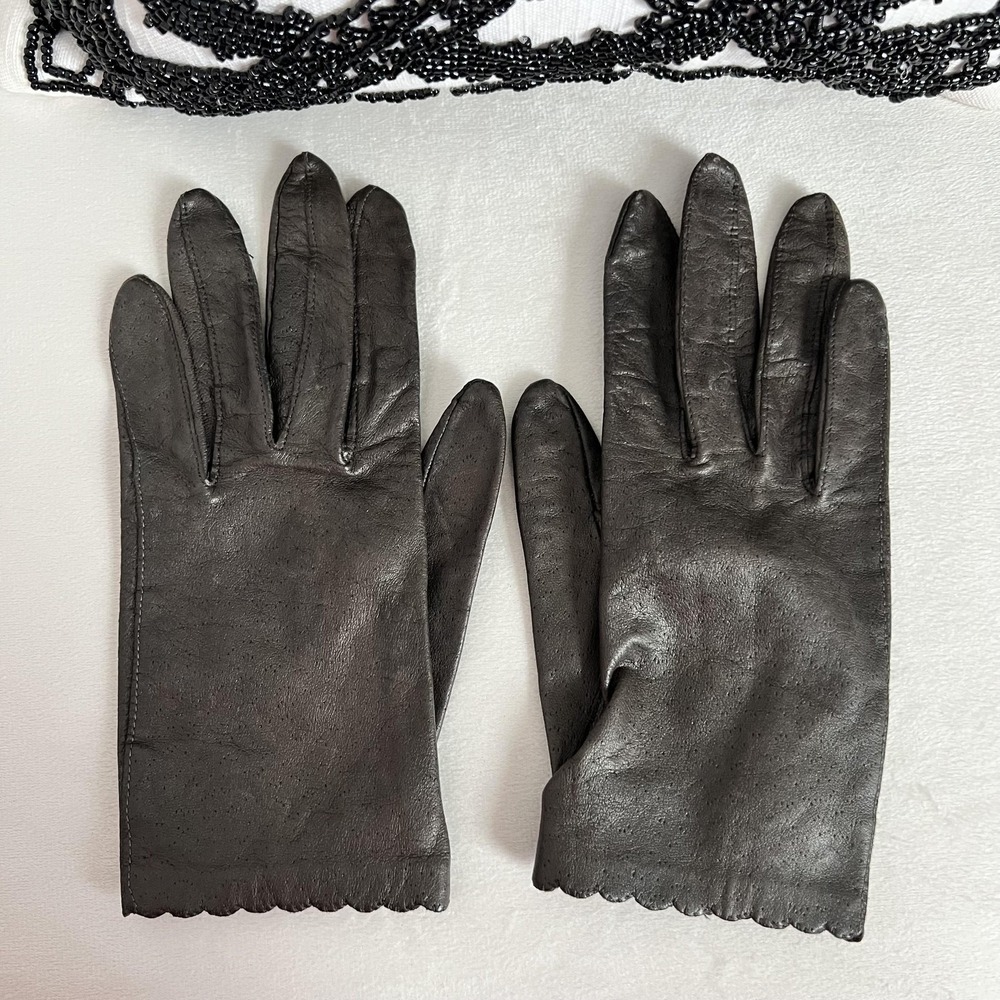Vintage Van Raalte Womens 7.5 Brown Leather Gloves Table Cut Scalloped Dress